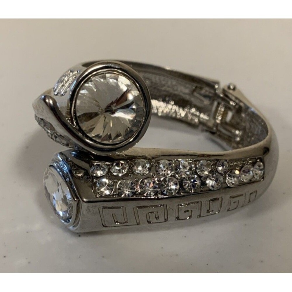 Vintage Pave Rhinestone Clamper Bracelet Bypass Bangle Silver Tone